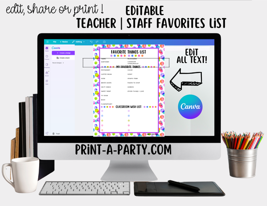Teacher Staff Editable Favorite Things List – Questionnaire + Wishlist Form for Back to School & Appreciation