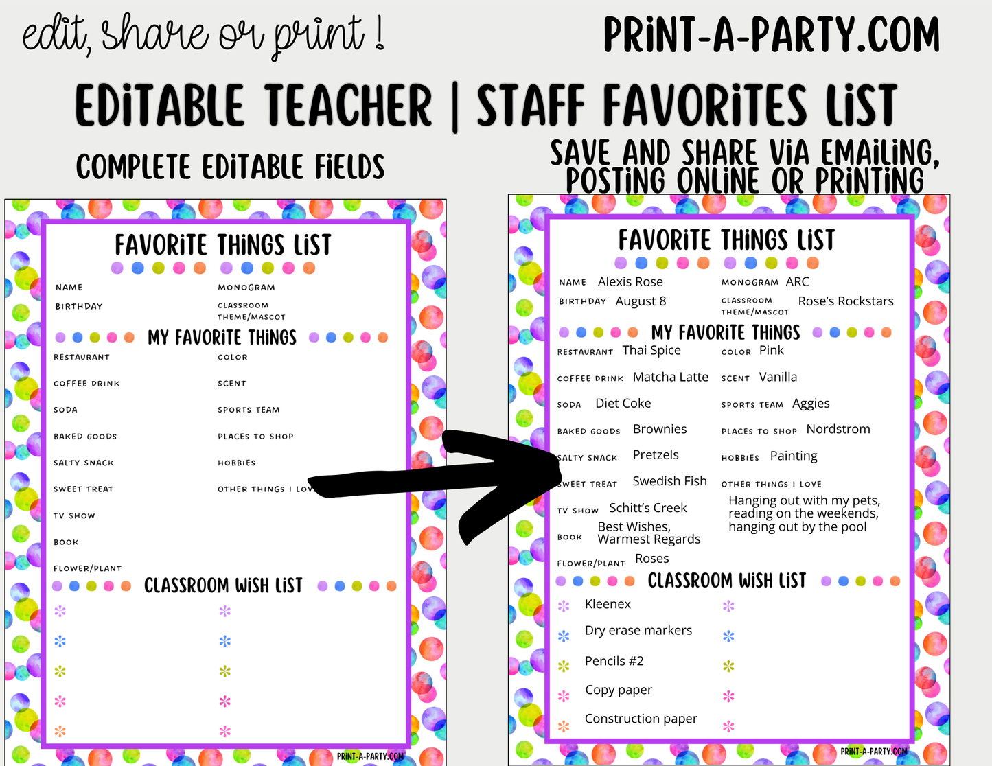 Teacher Staff Editable Favorite Things List – Questionnaire + Wishlist Form for Back to School & Appreciation