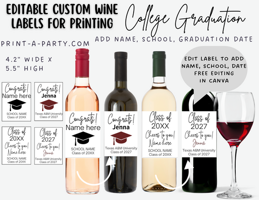 WINE LABELS: EDITABLE College Graduation Wine Labels (2) | Graduation Gift | College Grad | Custom College Grad Gift