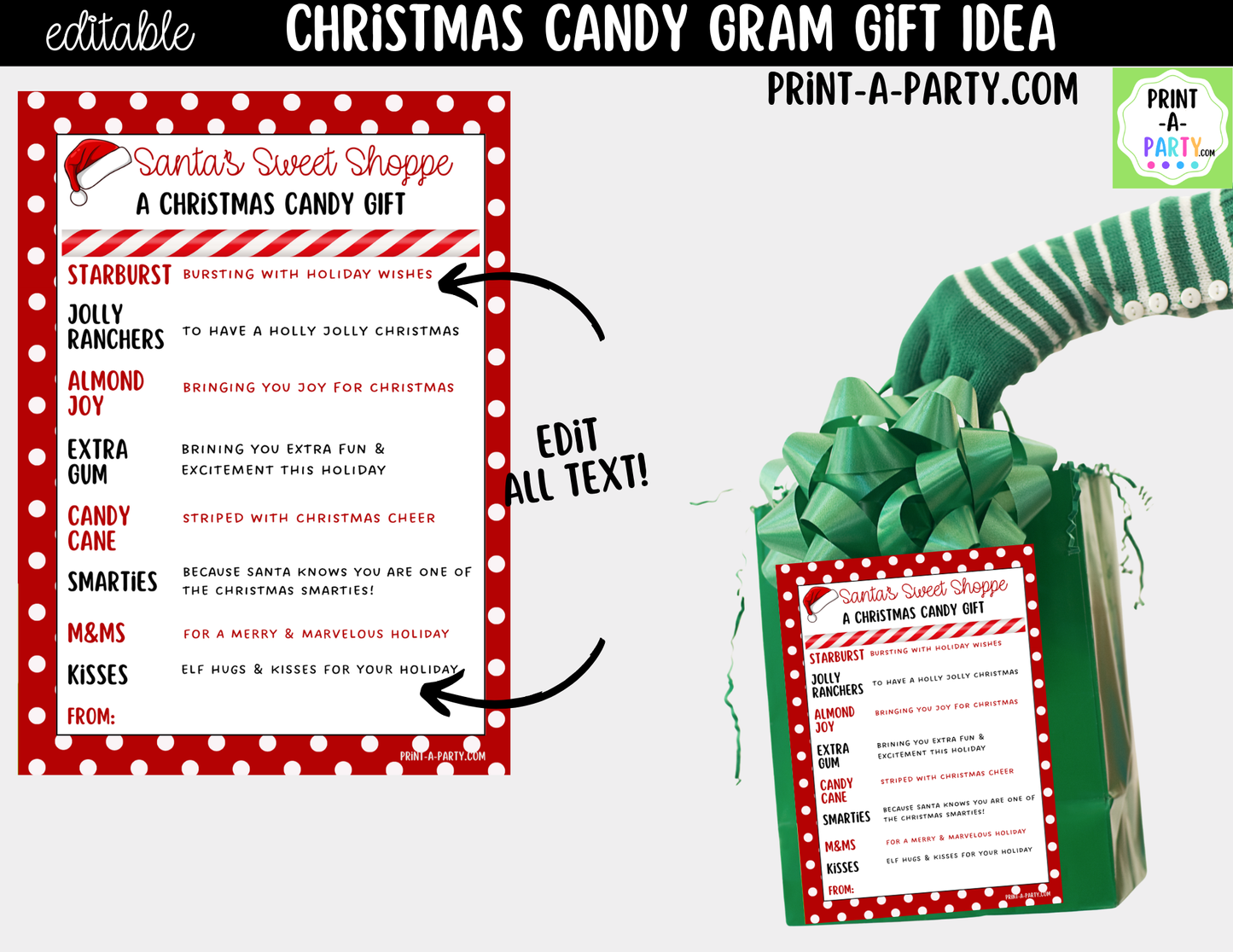 Christmas Candy Gram Editable Printable | DIY Holiday Gift for Teachers, Classrooms & Neighbors