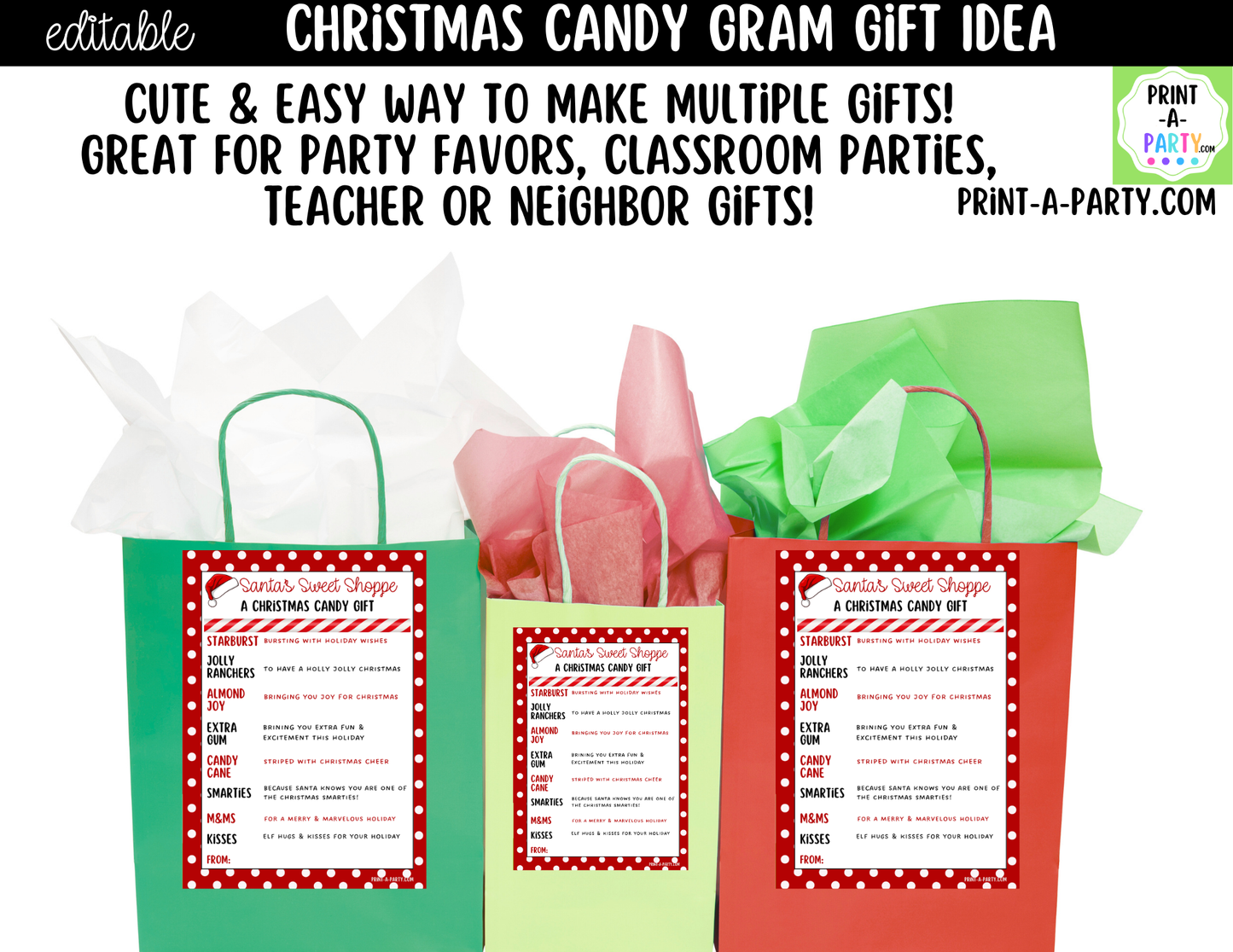 Christmas Candy Gram Editable Printable | DIY Holiday Gift for Teachers, Classrooms & Neighbors