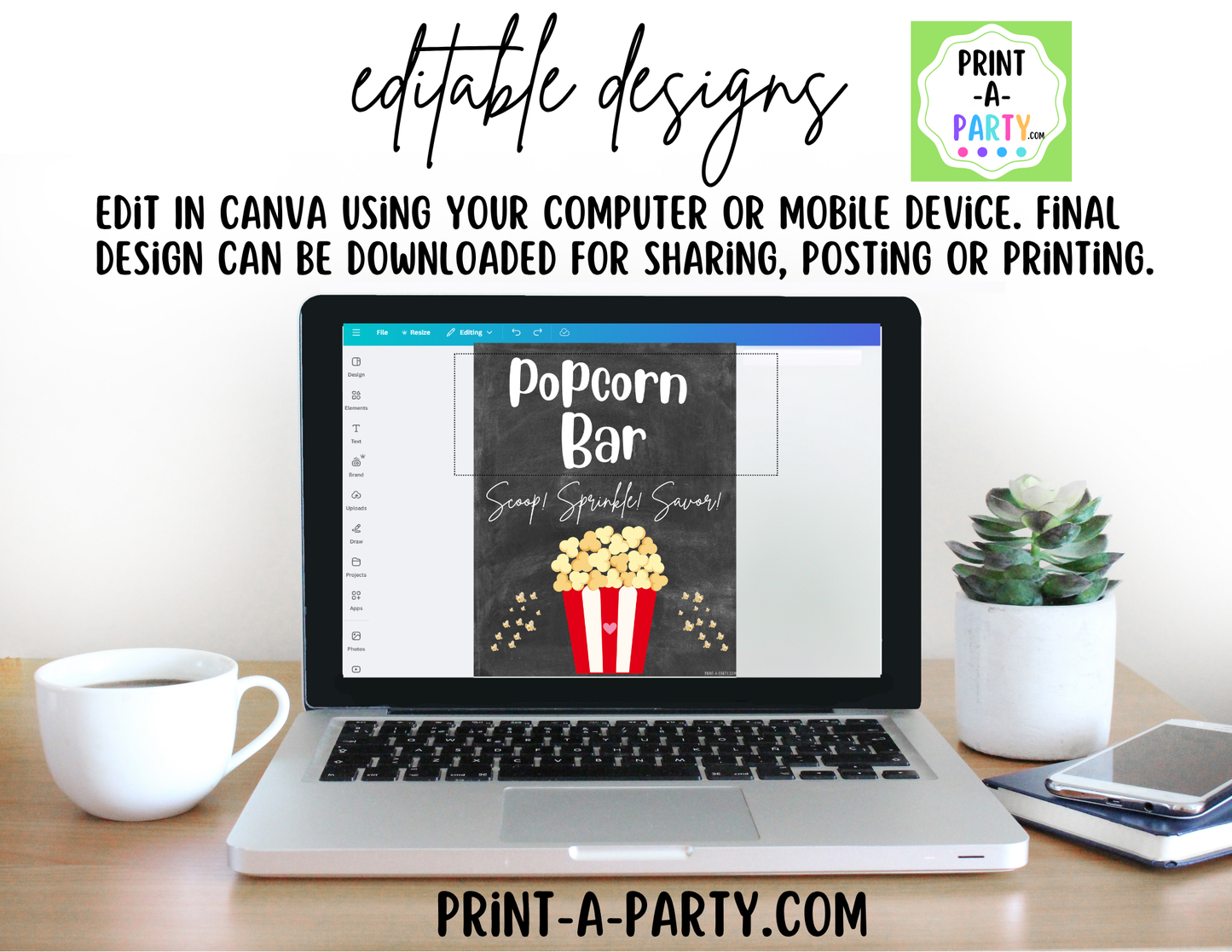 Editable Popcorn Bar Sign (8x10) and Topping Tent Cards Canva Template - Printable Food Buffet for Parties and Events