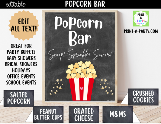 Editable Popcorn Bar Sign (8x10) and Topping Tent Cards Canva Template - Printable Food Buffet for Parties and Events