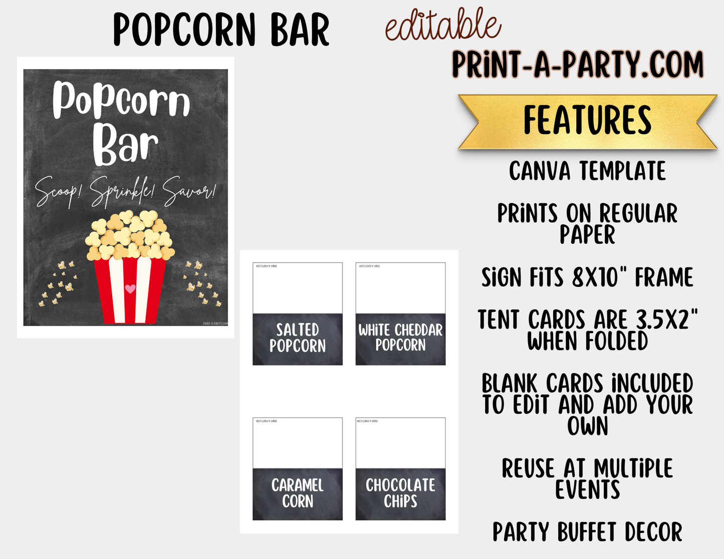 Editable Popcorn Bar Sign (8x10) and Topping Tent Cards Canva Template - Printable Food Buffet for Parties and Events