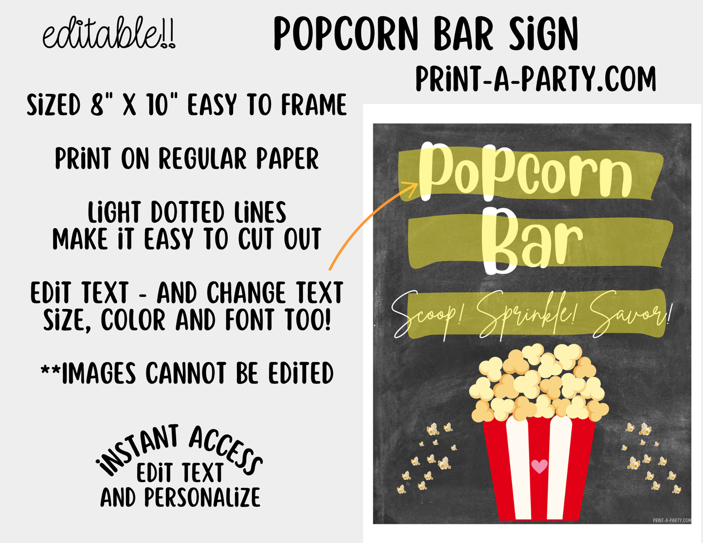 Editable Popcorn Bar Sign (8x10) and Topping Tent Cards Canva Template - Printable Food Buffet for Parties and Events
