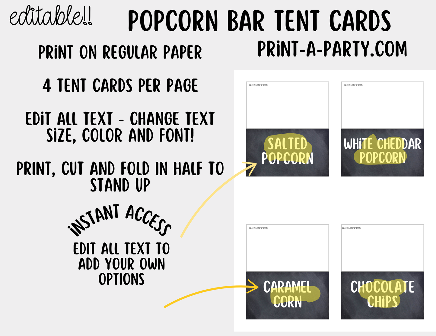 Editable Popcorn Bar Sign (8x10) and Topping Tent Cards Canva Template - Printable Food Buffet for Parties and Events