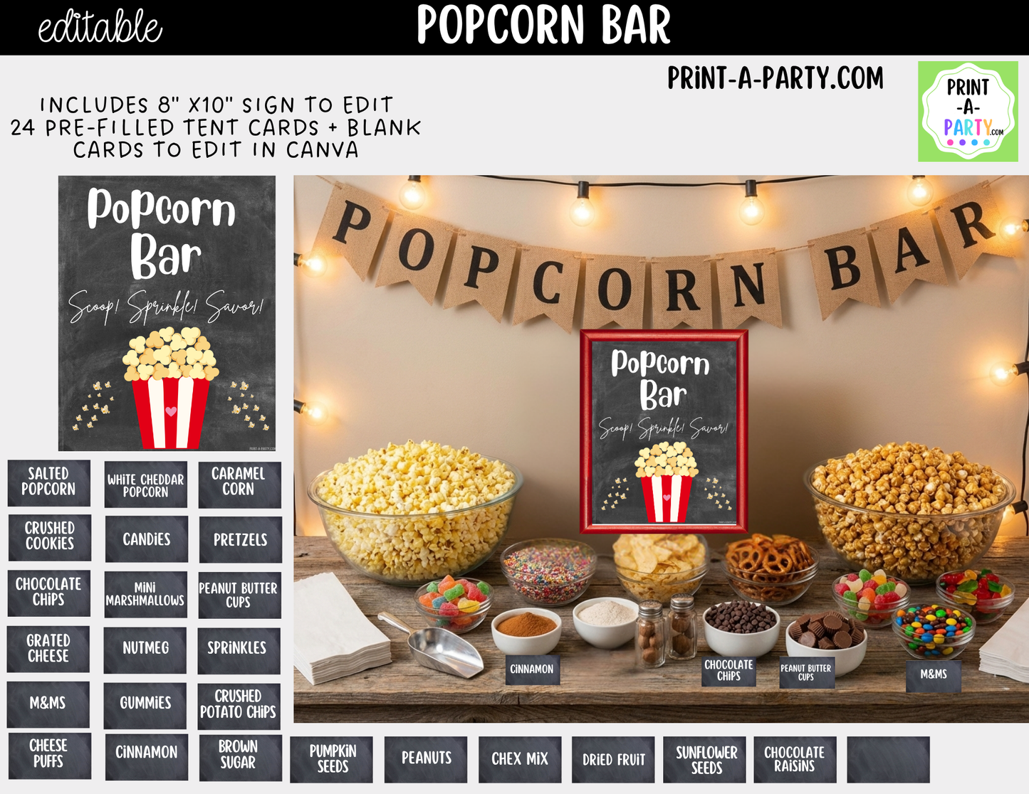 Editable Popcorn Bar Sign (8x10) and Topping Tent Cards Canva Template - Printable Food Buffet for Parties and Events