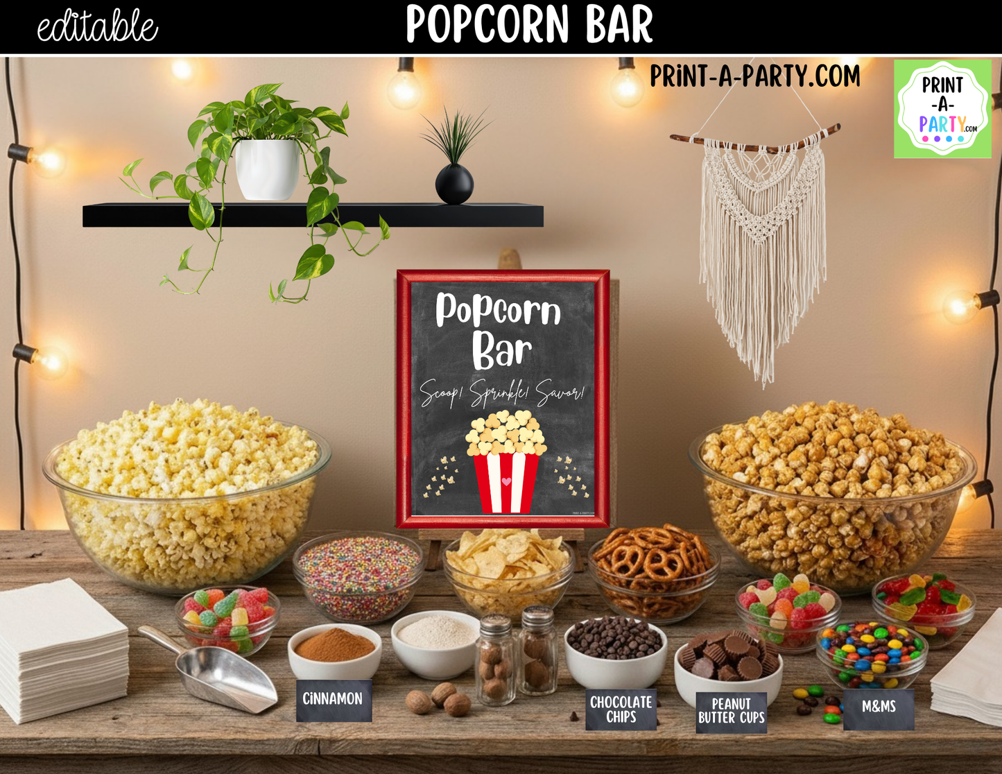 Editable Popcorn Bar Sign (8x10) and Topping Tent Cards Canva Template - Printable Food Buffet for Parties and Events