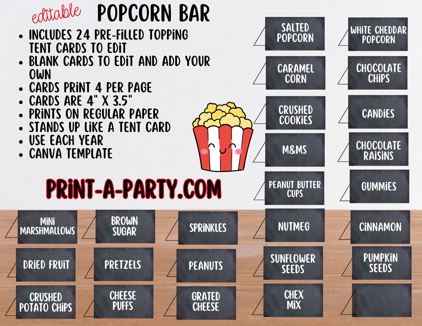 Editable Popcorn Bar Sign (8x10) and Topping Tent Cards Canva Template - Printable Food Buffet for Parties and Events