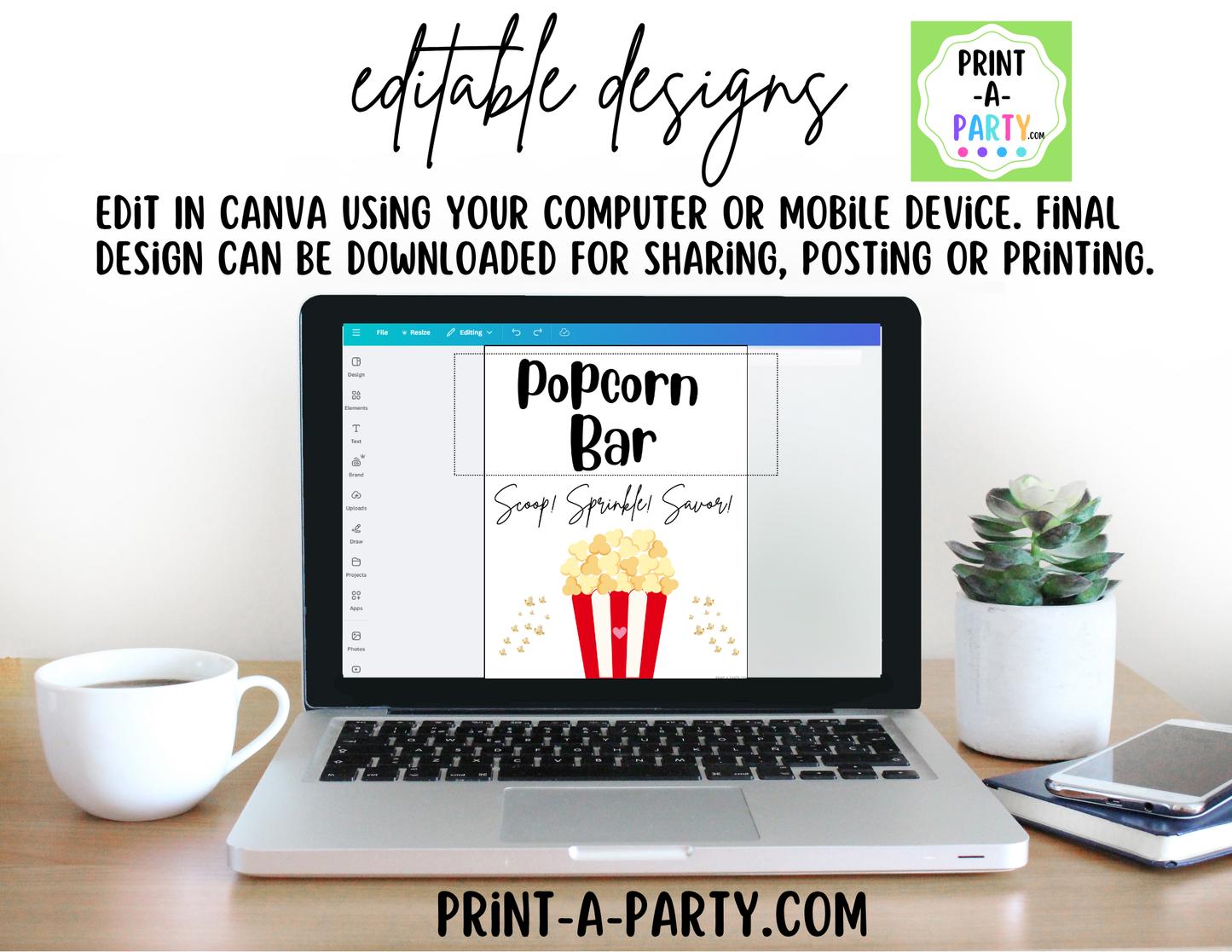 Editable Popcorn Bar Sign (8x10) and Topping Tent Cards Canva Template - Printable Food Buffet for Parties and Events