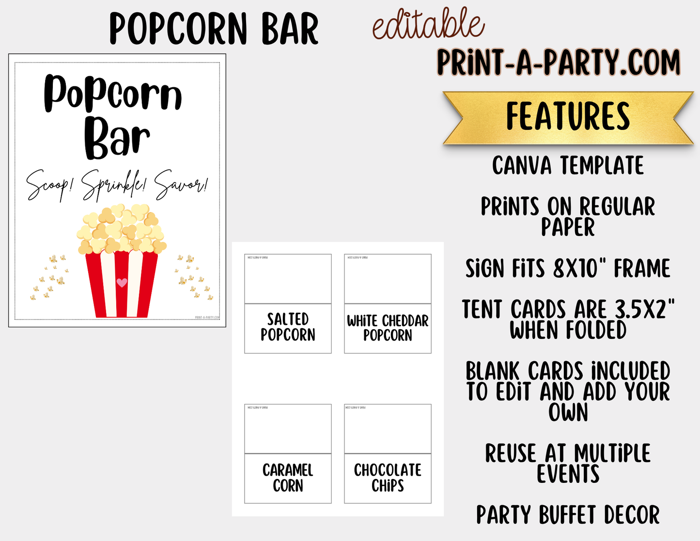 Editable Popcorn Bar Sign (8x10) and Topping Tent Cards Canva Template - Printable Food Buffet for Parties and Events