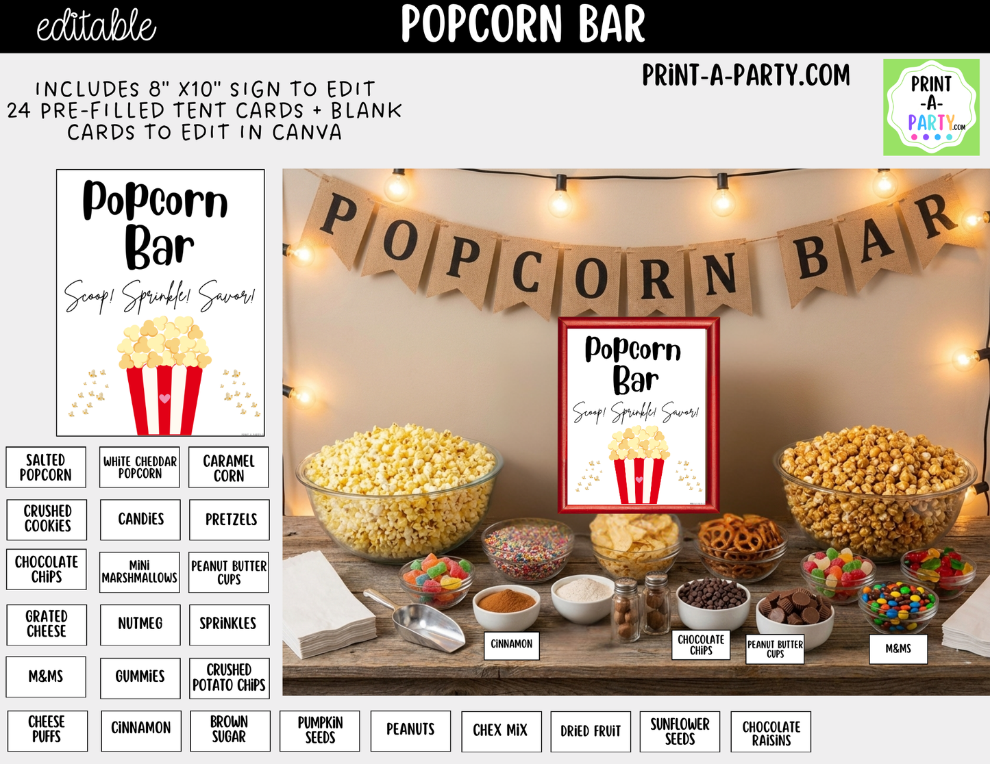 Editable Popcorn Bar Sign (8x10) and Topping Tent Cards Canva Template - Printable Food Buffet for Parties and Events