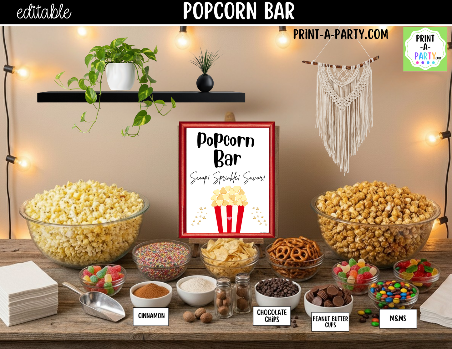 Editable Popcorn Bar Sign (8x10) and Topping Tent Cards Canva Template - Printable Food Buffet for Parties and Events