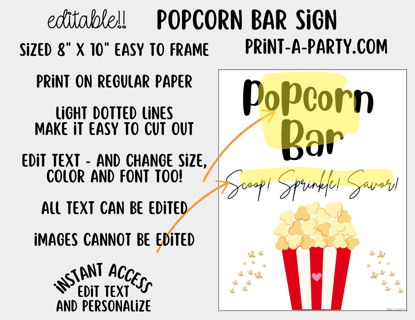 Editable Popcorn Bar Sign (8x10) and Topping Tent Cards Canva Template - Printable Food Buffet for Parties and Events