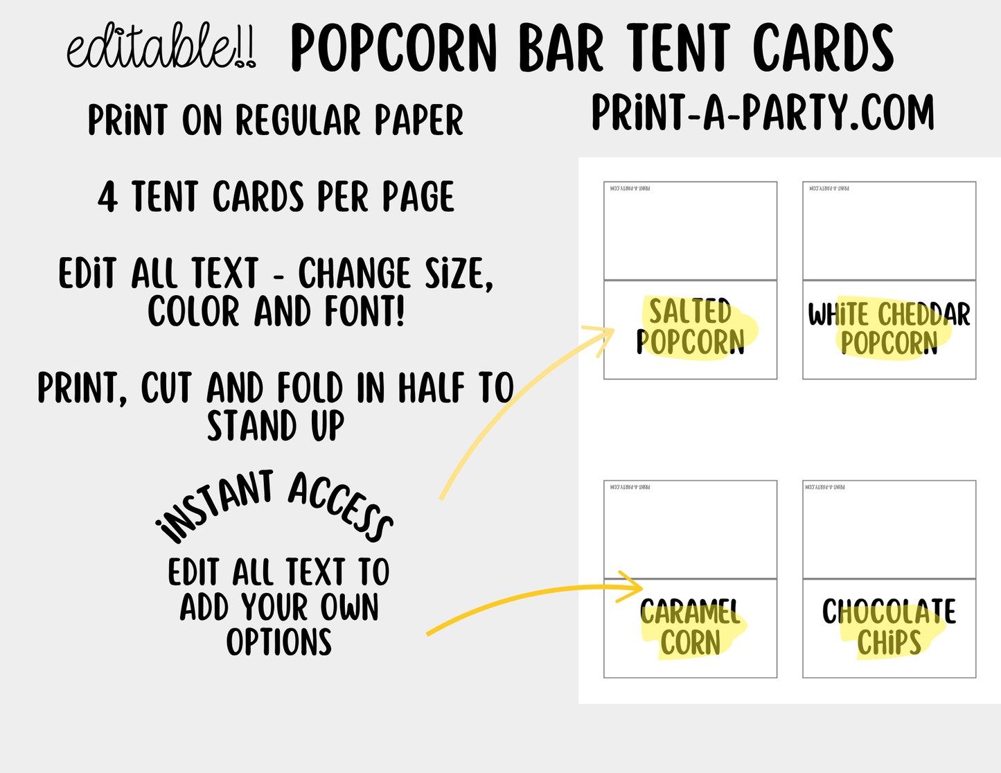 Editable Popcorn Bar Sign (8x10) and Topping Tent Cards Canva Template - Printable Food Buffet for Parties and Events