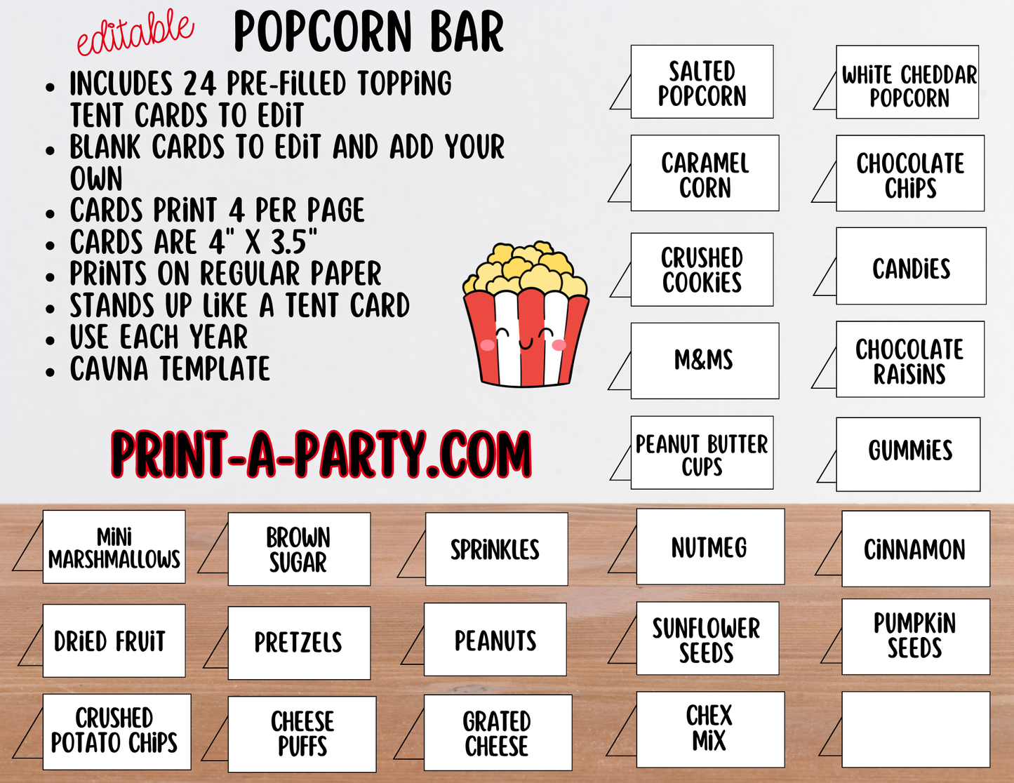 Editable Popcorn Bar Sign (8x10) and Topping Tent Cards Canva Template - Printable Food Buffet for Parties and Events