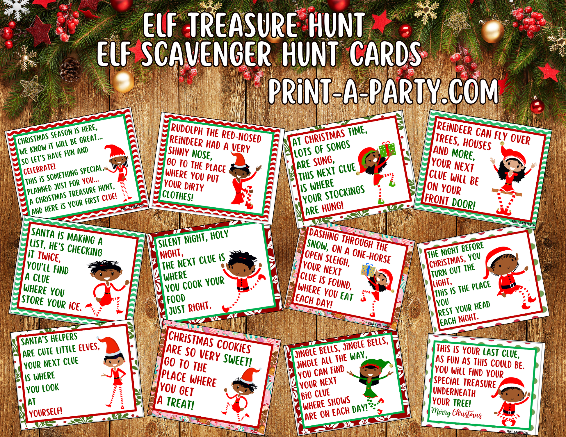 Printable Elf Scavenger Hunt Treasure Hunt Cards - Female Elf with Dark Skin Tones – PrintAParty printable-elf-scavenger-hunt-treasure-hunt-cards-female-elf-with-dark-skin-tones-printaparty
