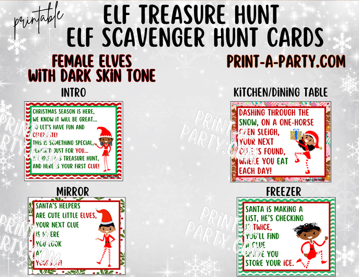 Printable Elf Scavenger Hunt Treasure Hunt Cards - Female Elf with Dark ...