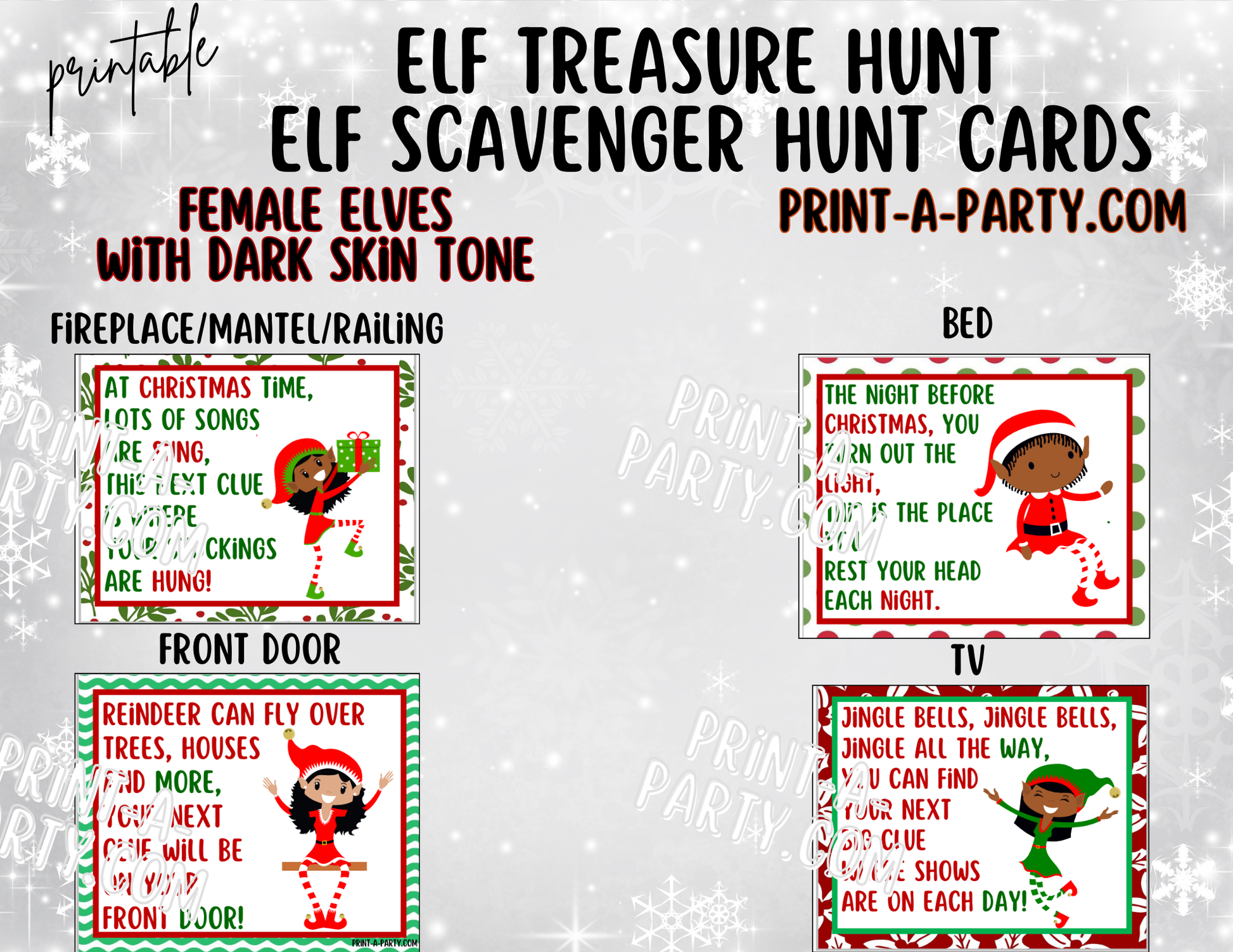 Printable Elf Scavenger Hunt Treasure Hunt Cards - Female Elf with Dark Skin Tones – PrintAParty printable-elf-scavenger-hunt-treasure-hunt-cards-female-elf-with-dark-skin-tones-printaparty