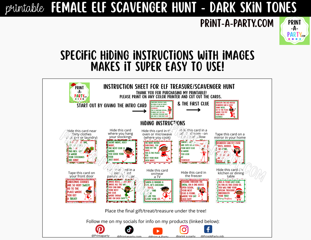 Printable Christmas Elf Scavenger Hunt - Female Elf with Dark Skin Tone Clue Cards for Kids