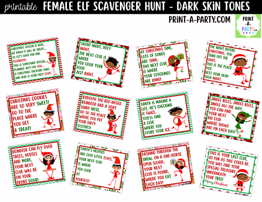 Printable Christmas Elf Scavenger Hunt - Female Elf with Dark Skin Tone Clue Cards for Kids