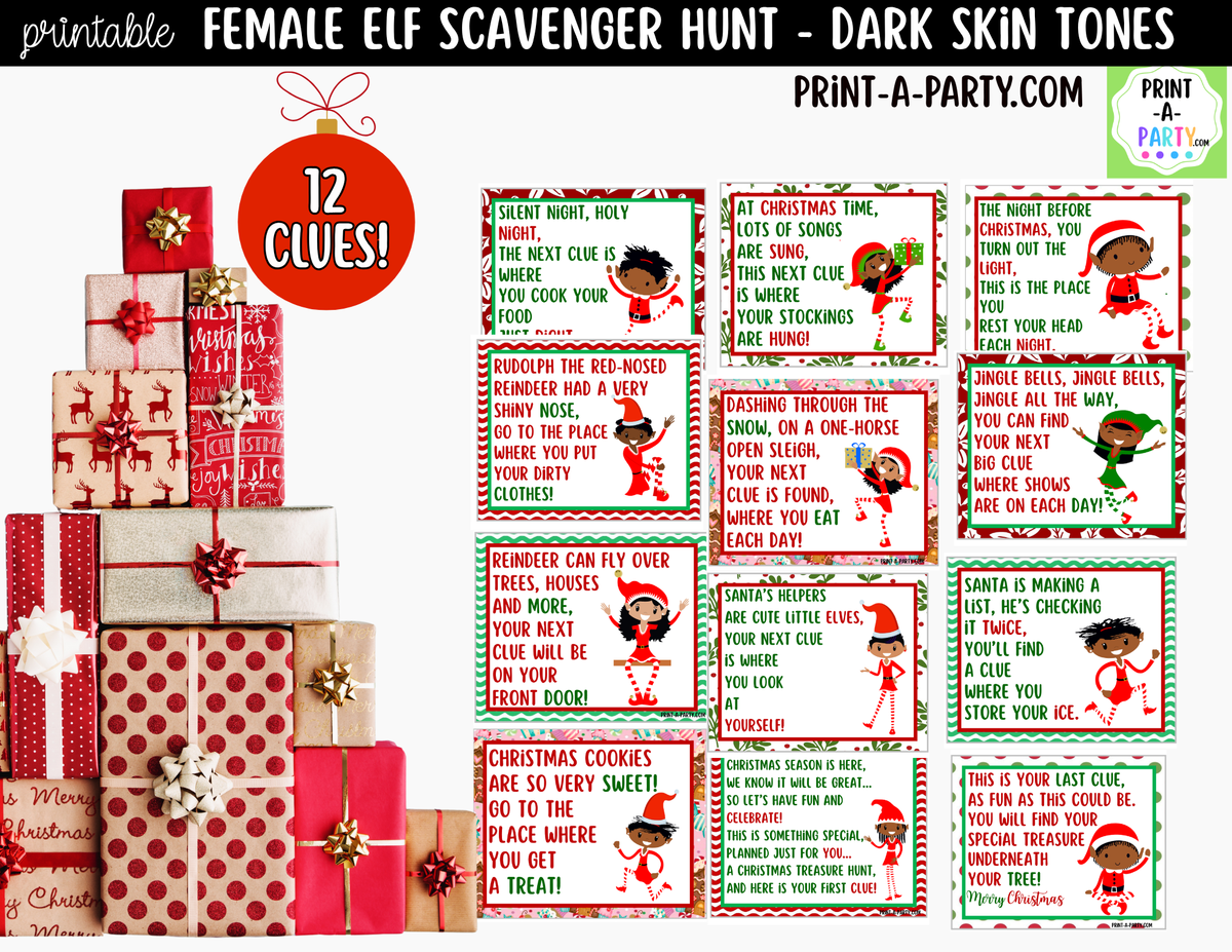 Printable Christmas Elf Scavenger Hunt - Female Elf with Dark Skin Tone Clue Cards for Kids