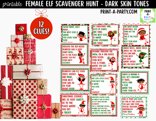 Printable Christmas Elf Scavenger Hunt - Female Elf with Dark Skin Tone Clue Cards for Kids