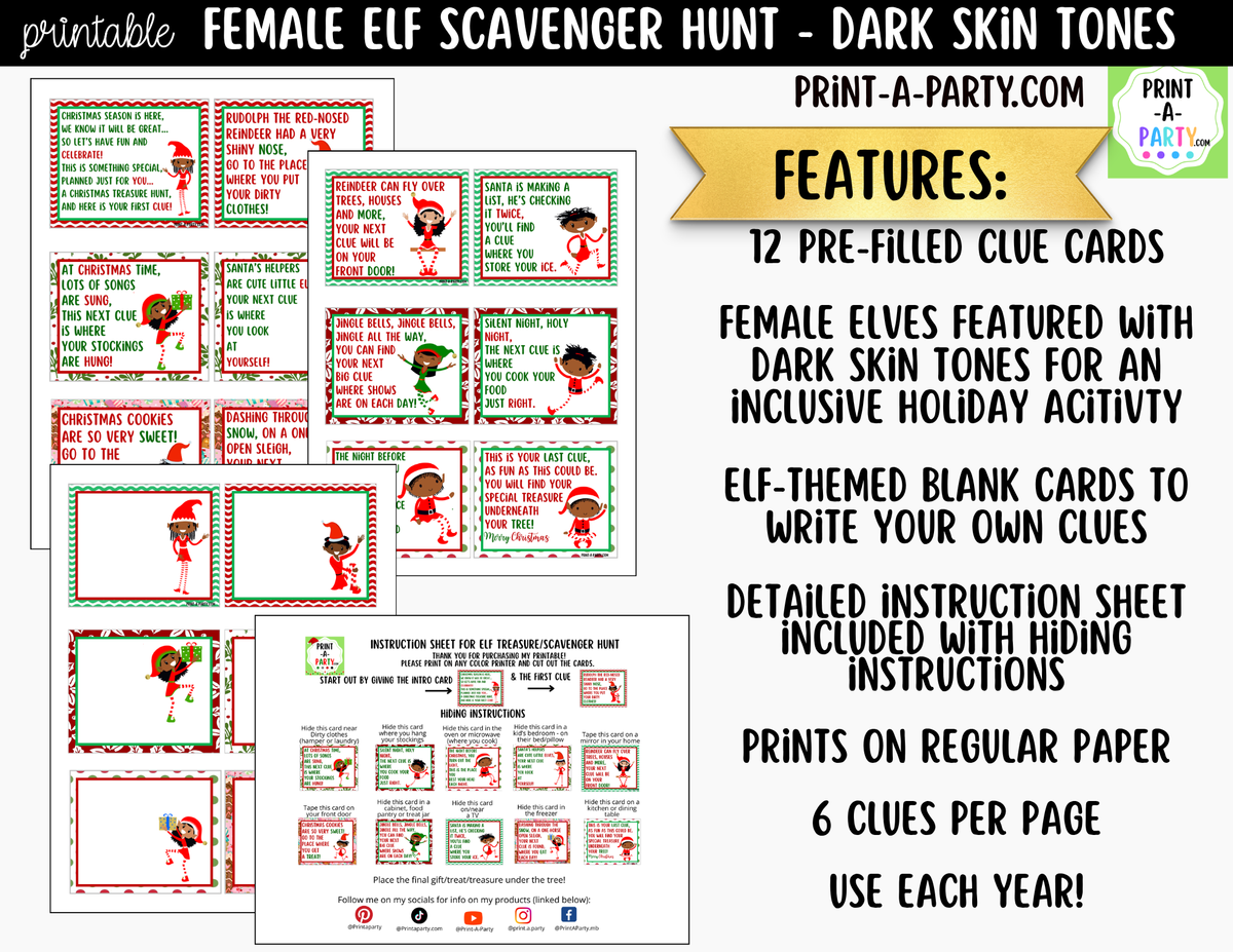 Printable Christmas Elf Scavenger Hunt - Female Elf with Dark Skin Tone Clue Cards for Kids