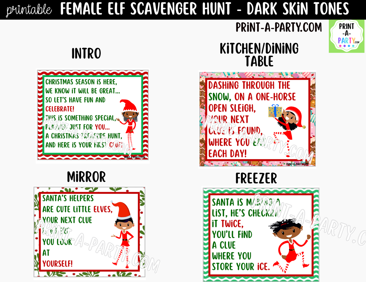 Printable Christmas Elf Scavenger Hunt - Female Elf with Dark Skin Tone Clue Cards for Kids