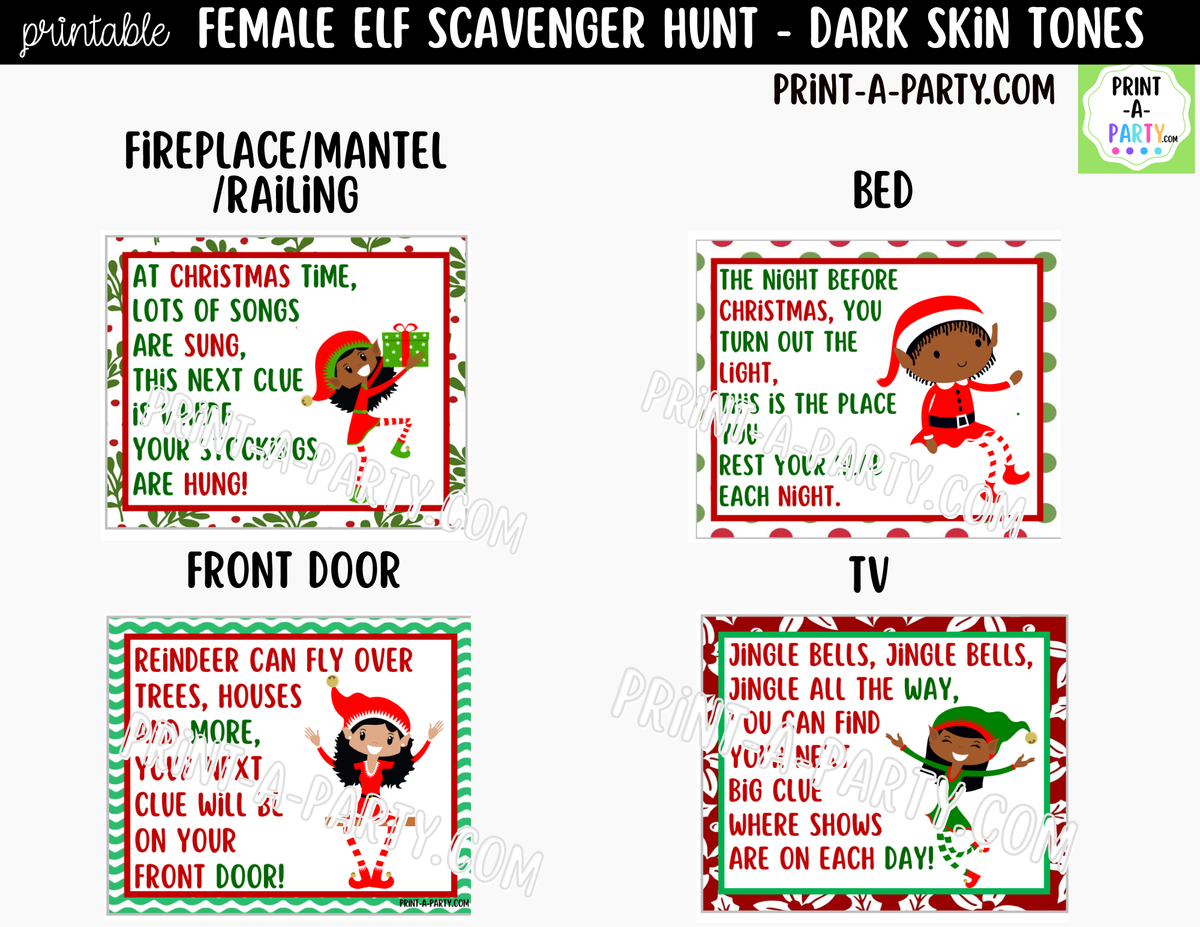 Printable Christmas Elf Scavenger Hunt - Female Elf with Dark Skin Tone Clue Cards for Kids