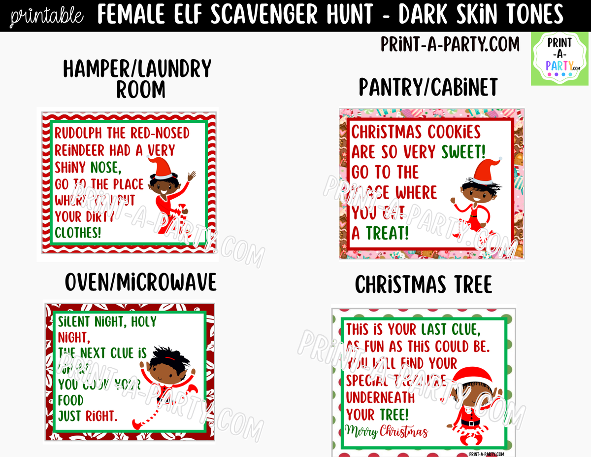 Printable Christmas Elf Scavenger Hunt - Female Elf with Dark Skin Tone Clue Cards for Kids