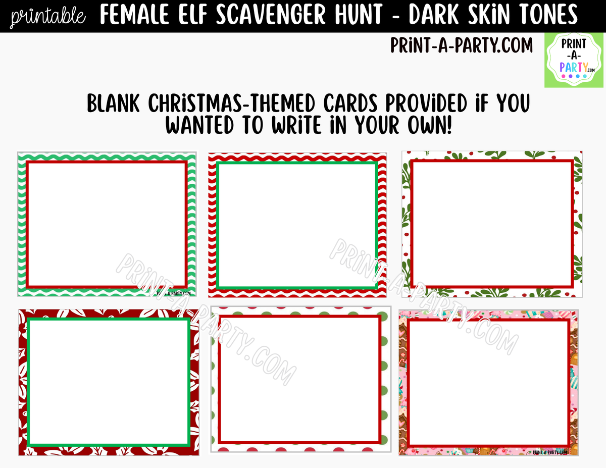 Printable Christmas Elf Scavenger Hunt - Female Elf with Dark Skin Tone Clue Cards for Kids