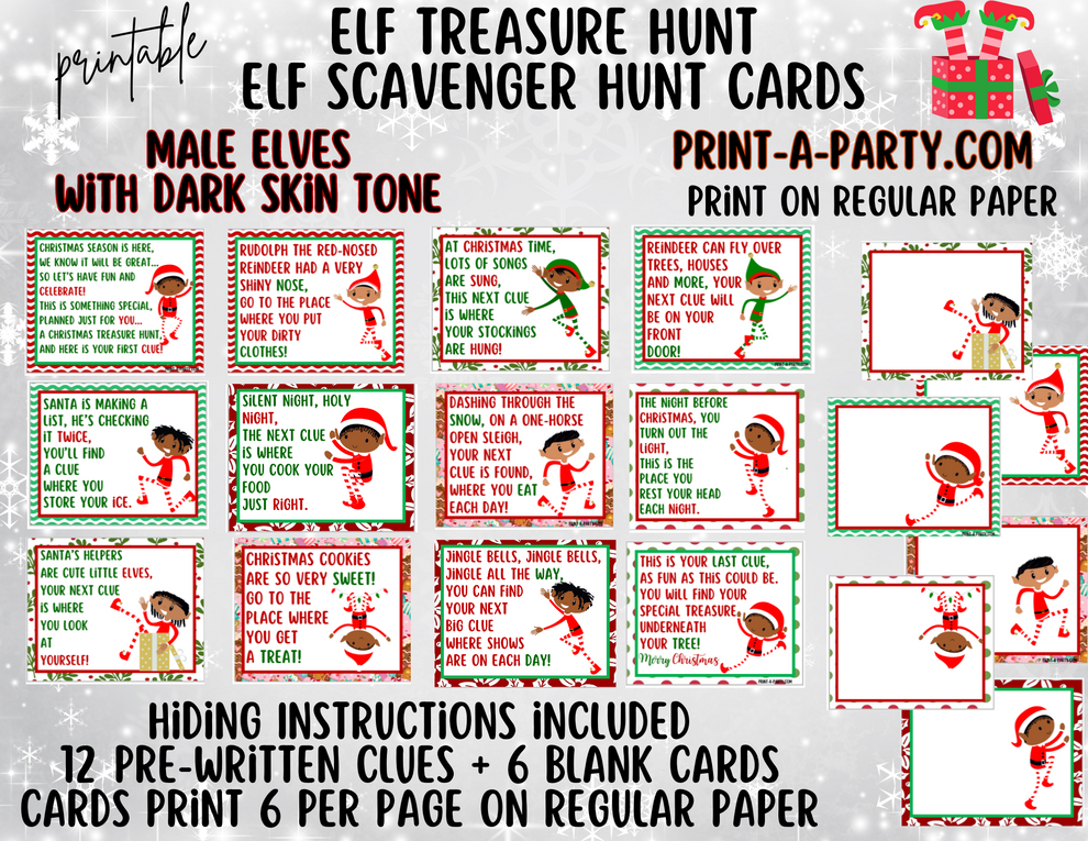 ELF TREASURE HUNT - Printable Male Elf (Dark Skin Tones) Scavenger Hun ...