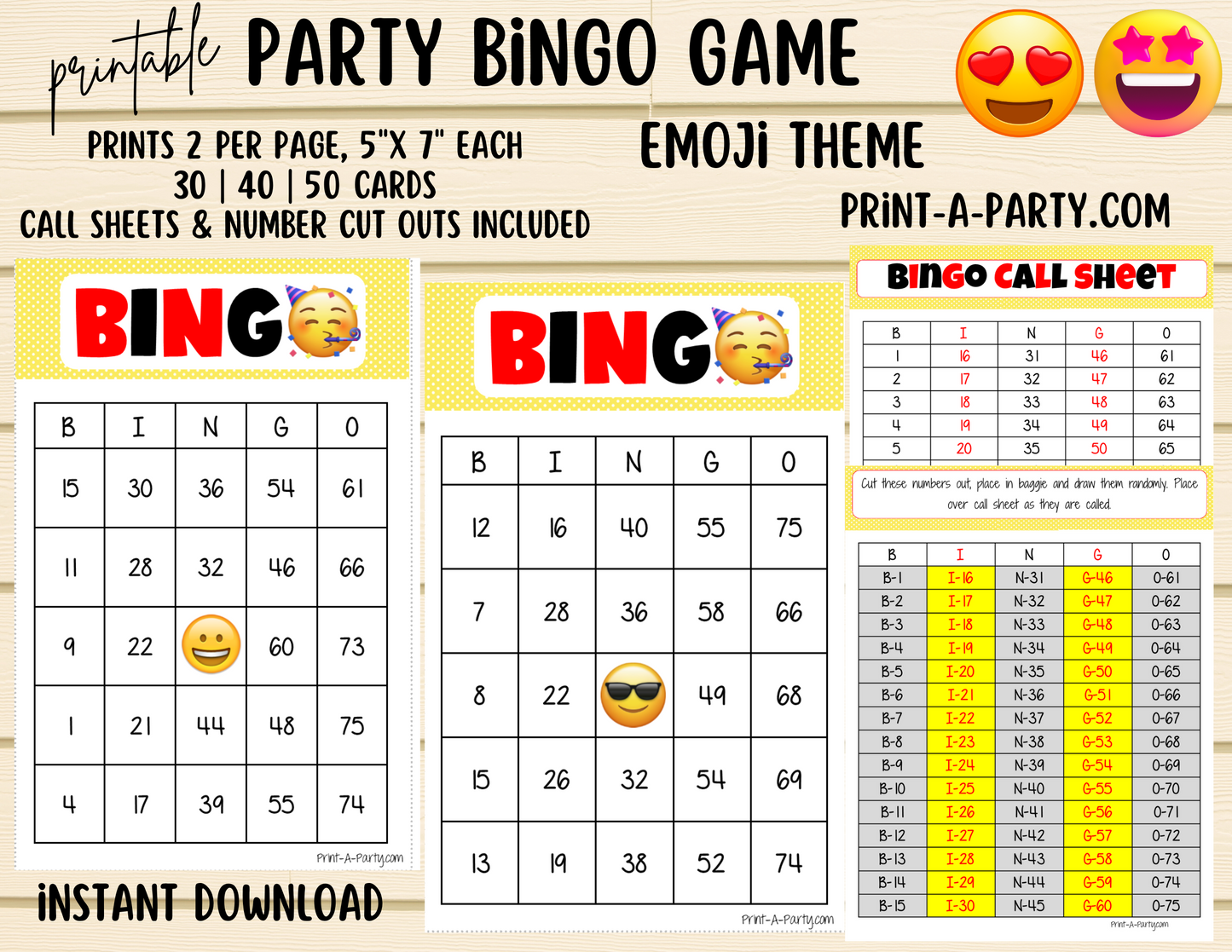 BINGO: Emoji | Classrooms | Parties | Birthday | 30, 40, or 50 cards - INSTANT DOWNLOAD