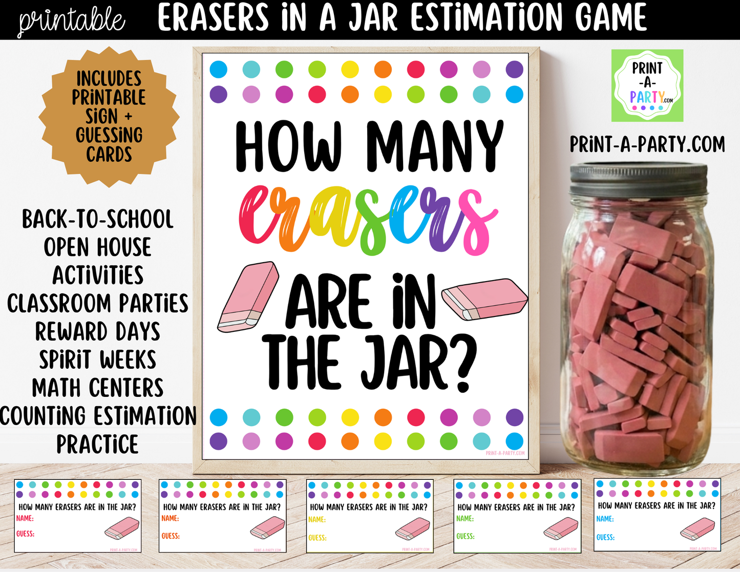 How Many Erasers in Jar Guessing Game Printable – Sign + Guessing Cards for Class Activity