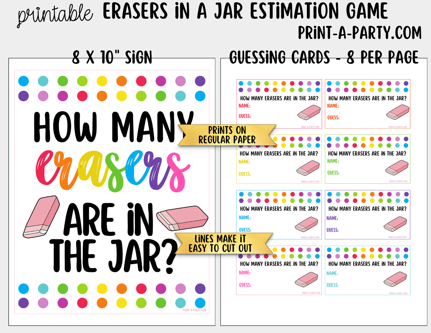 How Many Erasers in Jar Guessing Game Printable – Sign + Guessing Cards for Class Activity