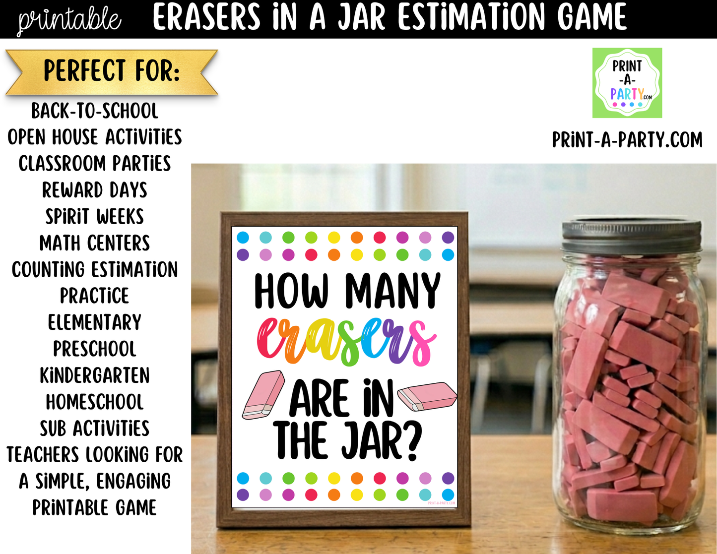 How Many Erasers in Jar Guessing Game Printable – Sign + Guessing Cards for Class Activity