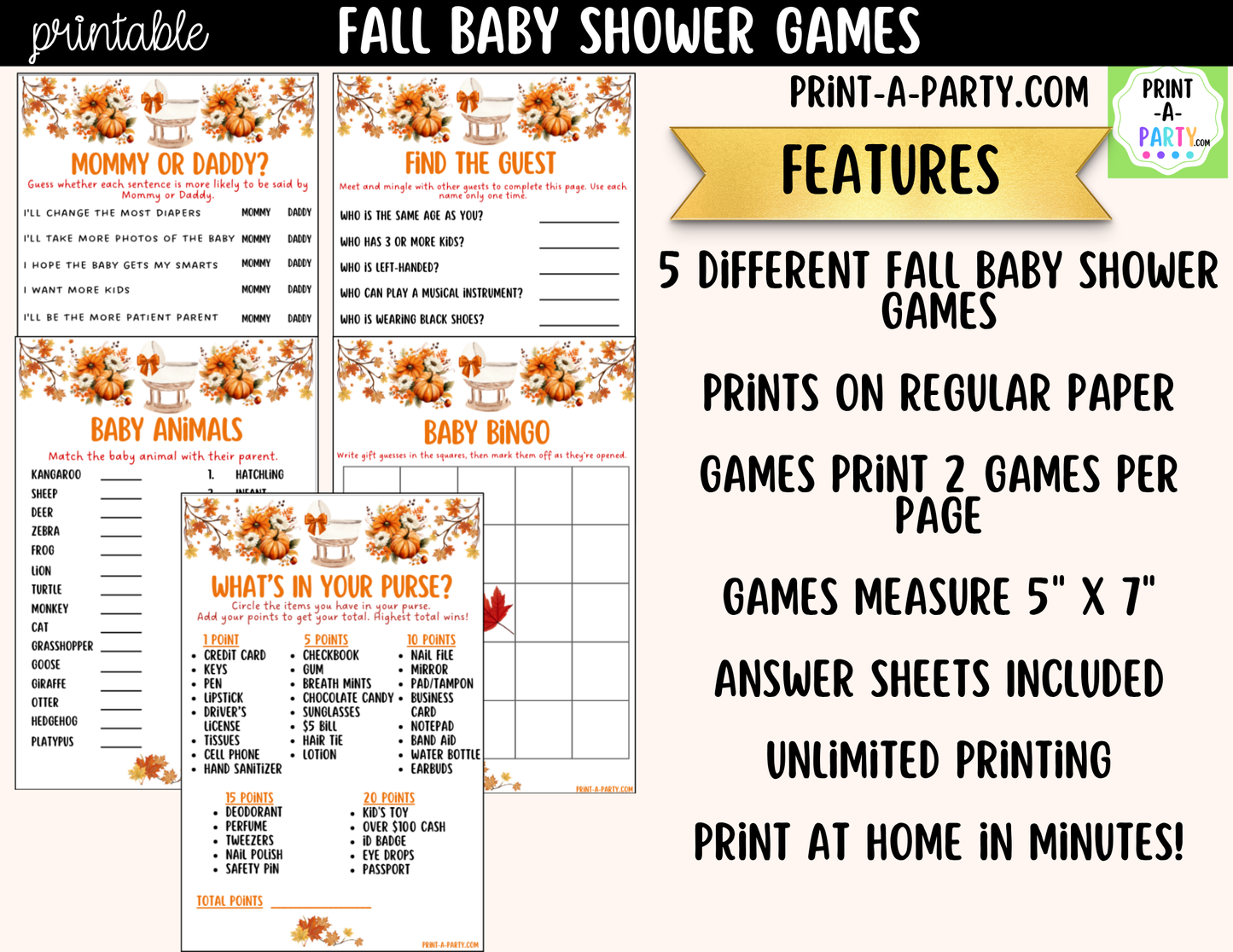 Fall Baby Shower Games Printable | Autumn Baby Shower Game Bundle
