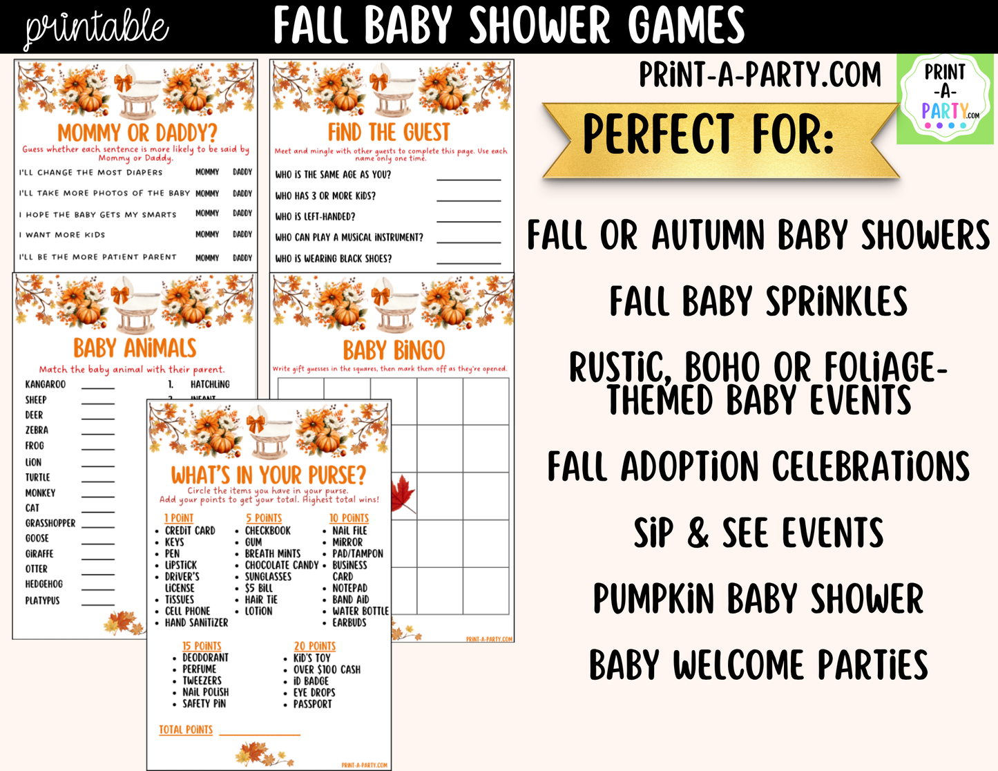 Fall Baby Shower Games Printable | Autumn Baby Shower Game Bundle