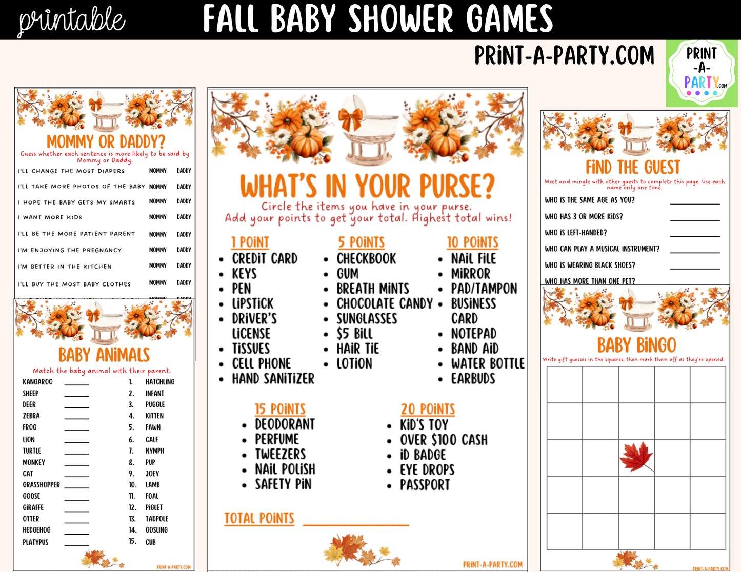 Fall Baby Shower Games Printable | Autumn Baby Shower Game Bundle