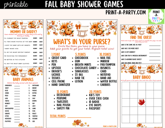 Fall Baby Shower Games Printable | Autumn Baby Shower Game Bundle