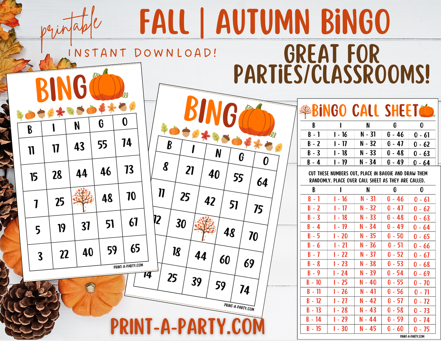 BINGO: Fall | Autumn | Pumpkin | Classrooms | Parties | Birthday | 30, 40, or 50 cards - INSTANT DOWNLOAD