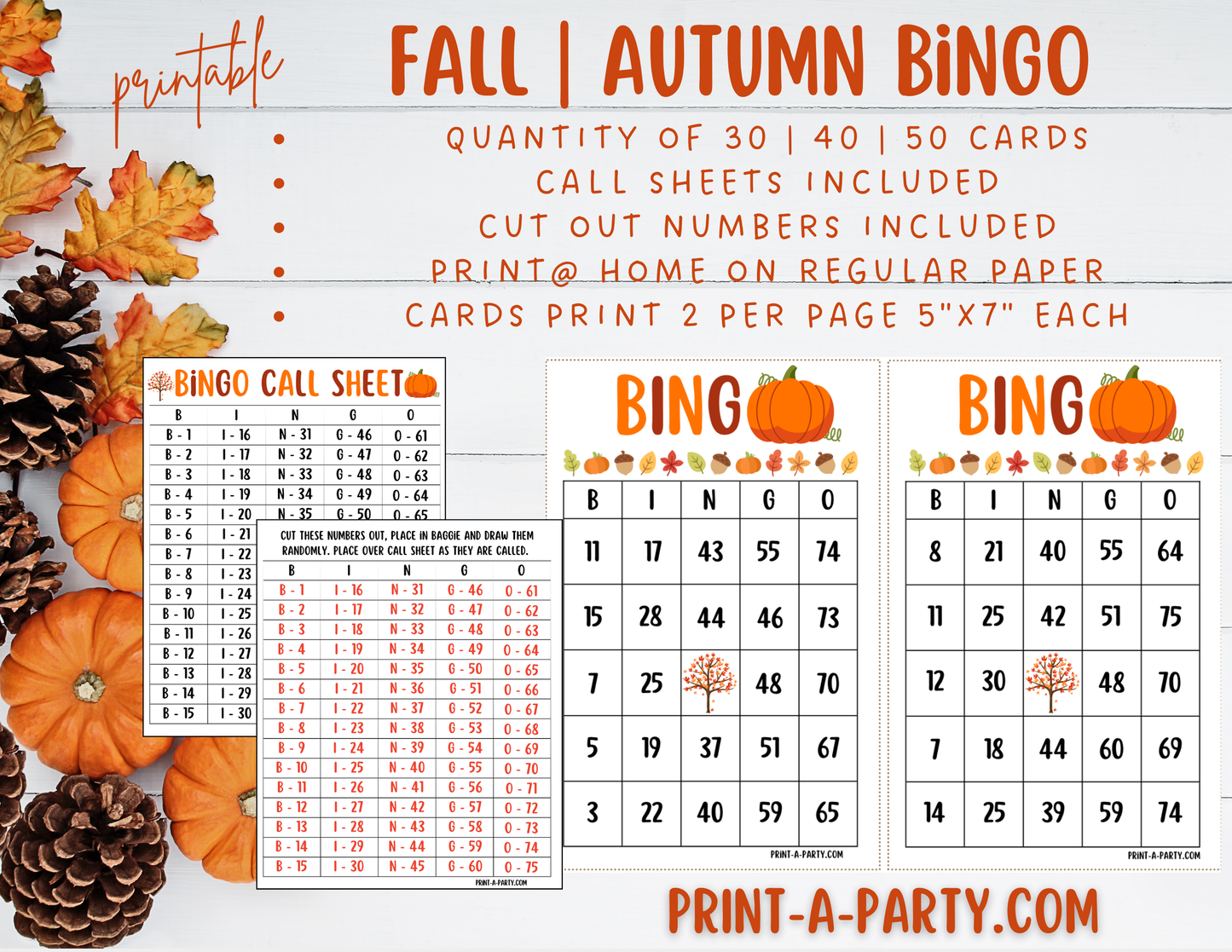 BINGO: Fall | Autumn | Pumpkin | Classrooms | Parties | Birthday | 30, 40, or 50 cards - INSTANT DOWNLOAD