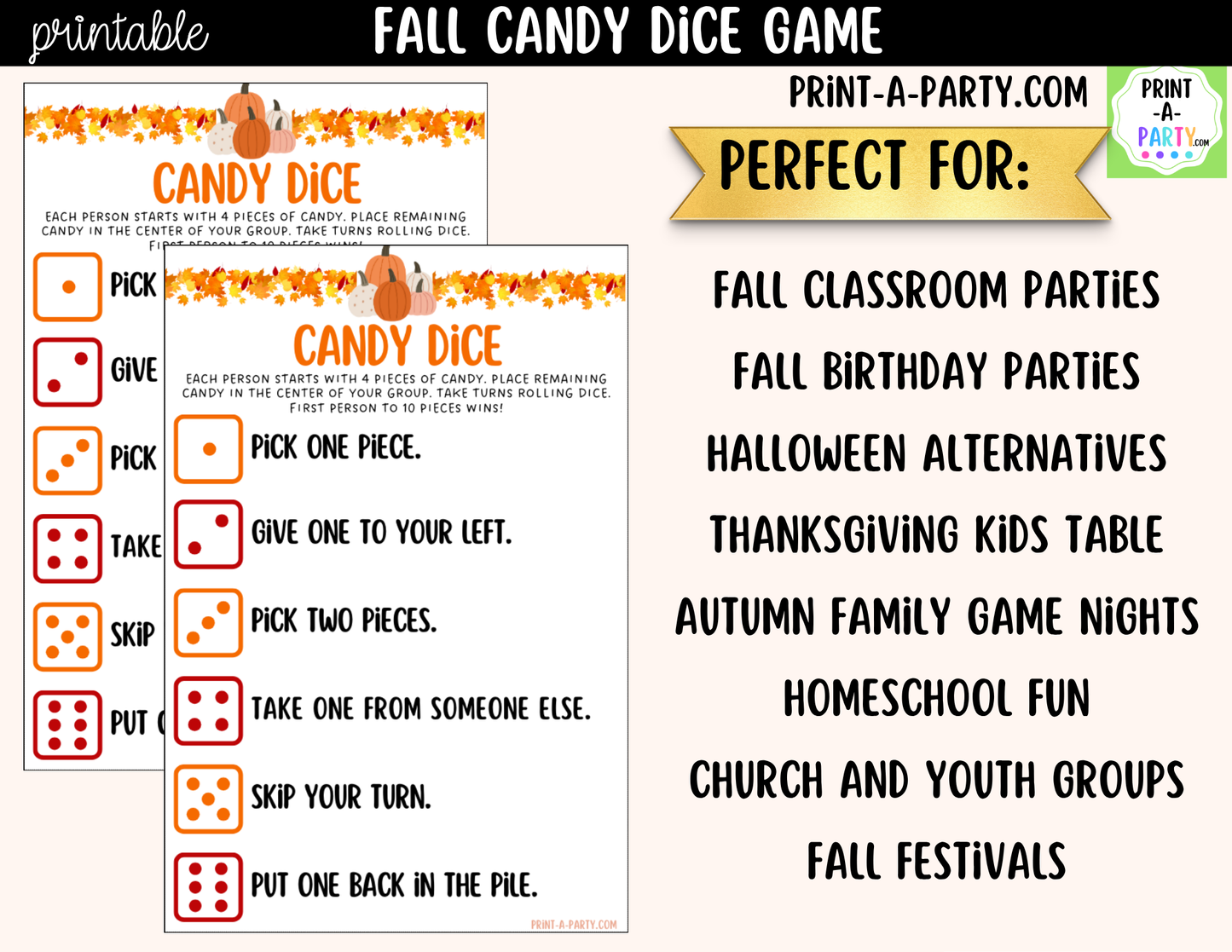 Fall Candy Dice Game Printable | Autumn Party Game | Candy Exchange Game | Classroom & Family