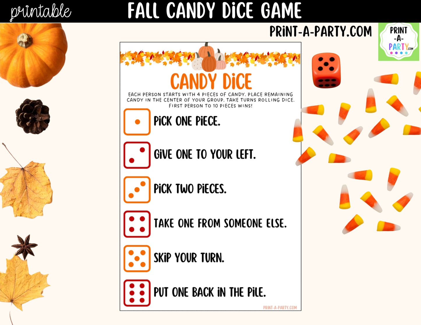 Fall Candy Dice Game Printable | Autumn Party Game | Candy Exchange Game | Classroom & Family