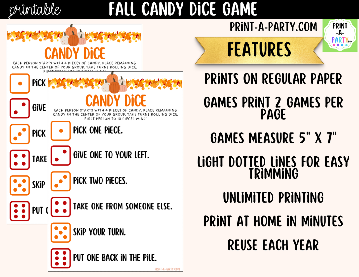 Fall Candy Dice Game Printable | Autumn Party Game | Candy Exchange Game | Classroom & Family