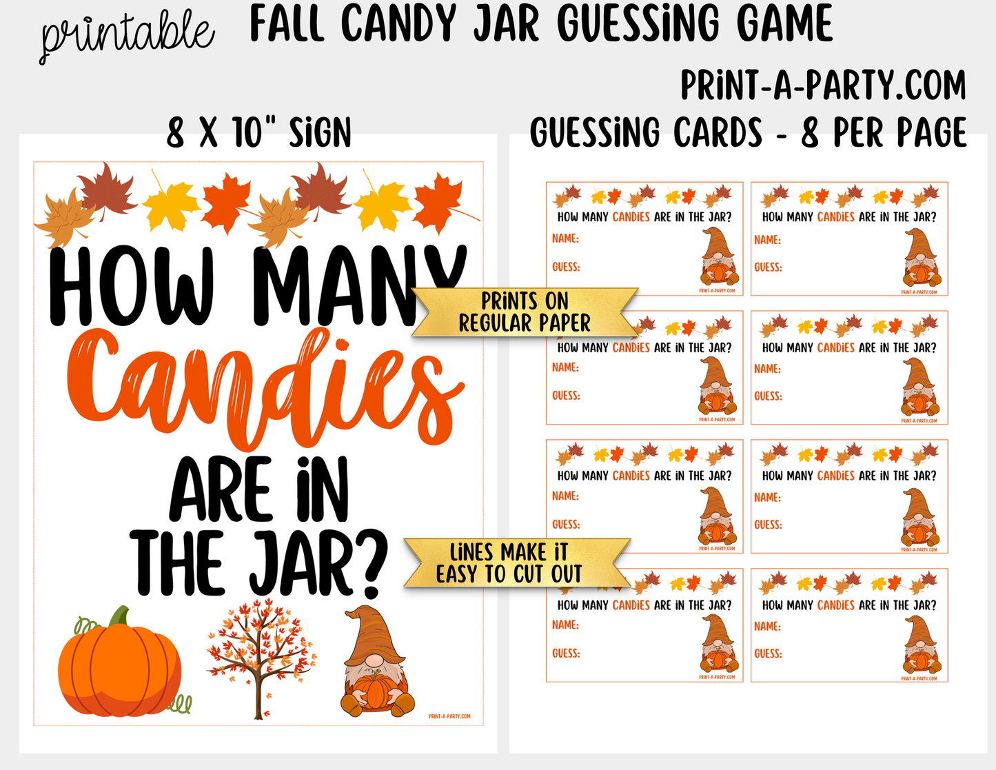 Fall Candy Jar Guessing Game Printable Sign (8x10) & guessing cards - Holiday parties, office, décor and events