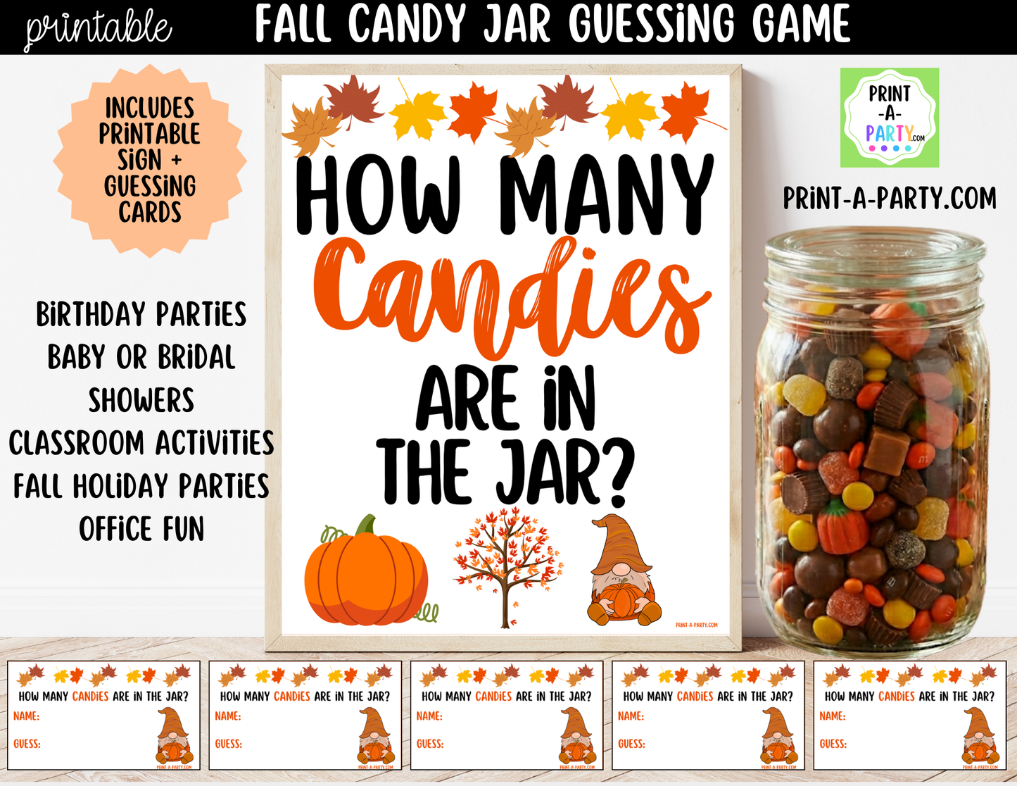 Fall Candy Jar Guessing Game Printable Sign (8x10) & guessing cards - Holiday parties, office, décor and events