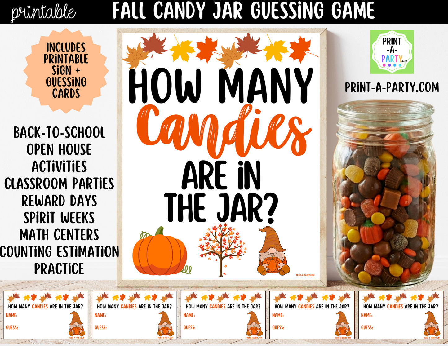 Fall Candy Jar Guessing Game Printable Sign (8x10) & guessing cards - Holiday parties, office, décor and events