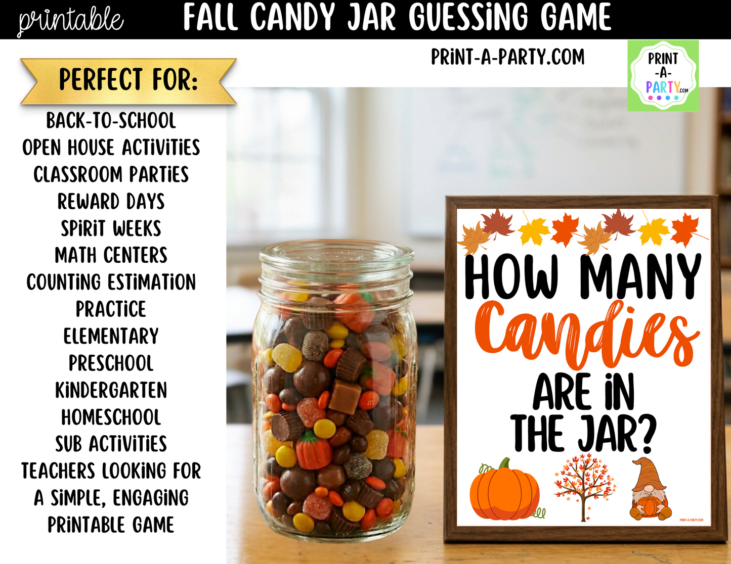Fall Candy Jar Guessing Game Printable Sign (8x10) & guessing cards - Holiday parties, office, décor and events